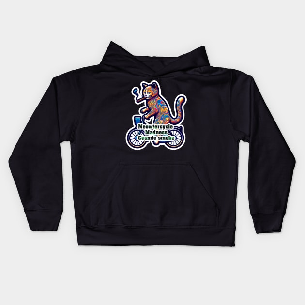 Psychedelic Cat on a Bike Smoking a Cigarette - Meowtorcycle madness Kids Hoodie by diegotorres